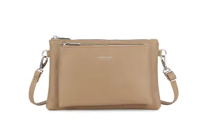 MULTI-POCKET CROSS BODY MESSENGER PURSE BAG WITH WRISTLET STRAP - TAUPE