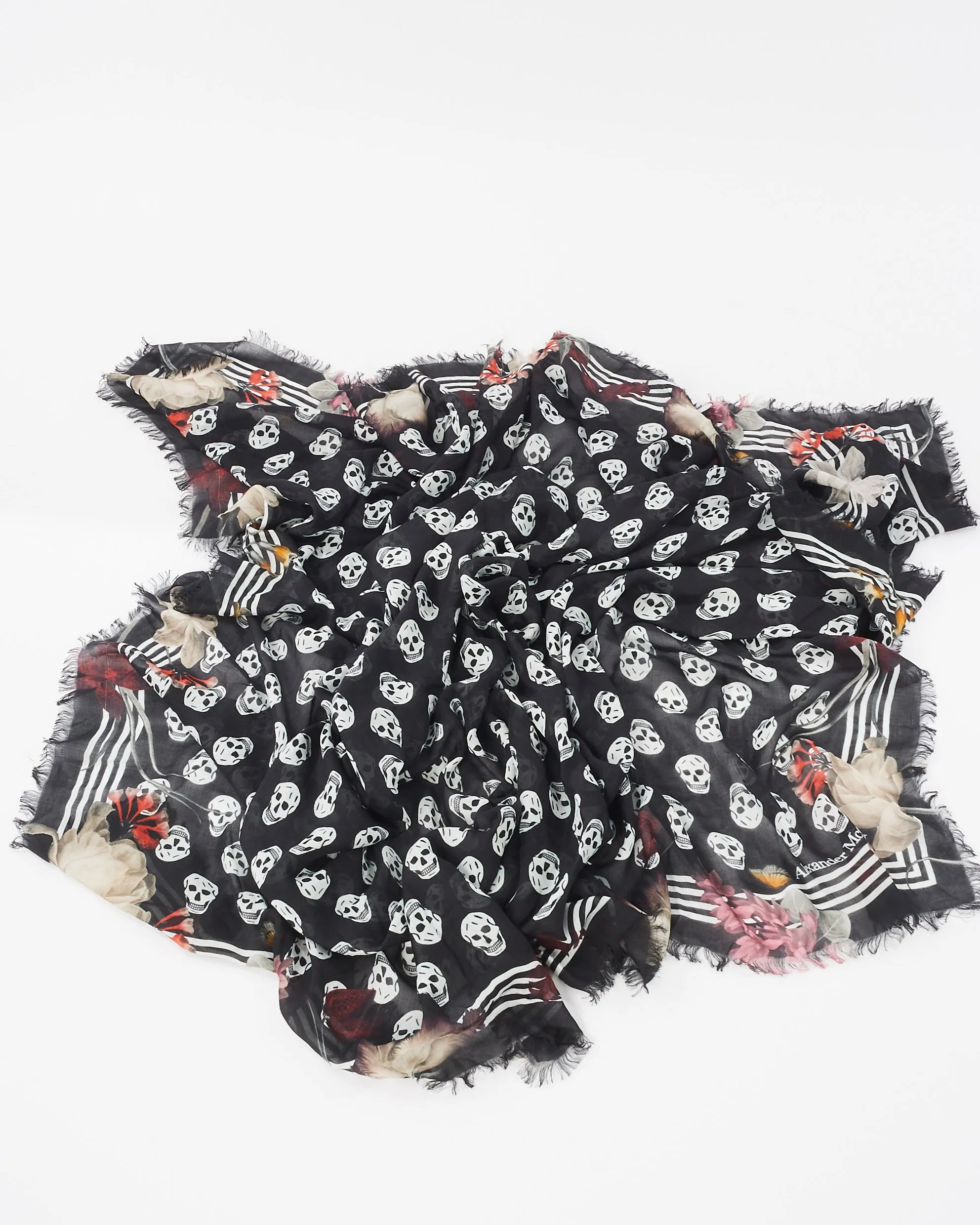 Alexander McQueen Black Skull & Pink Floral Print Scarf