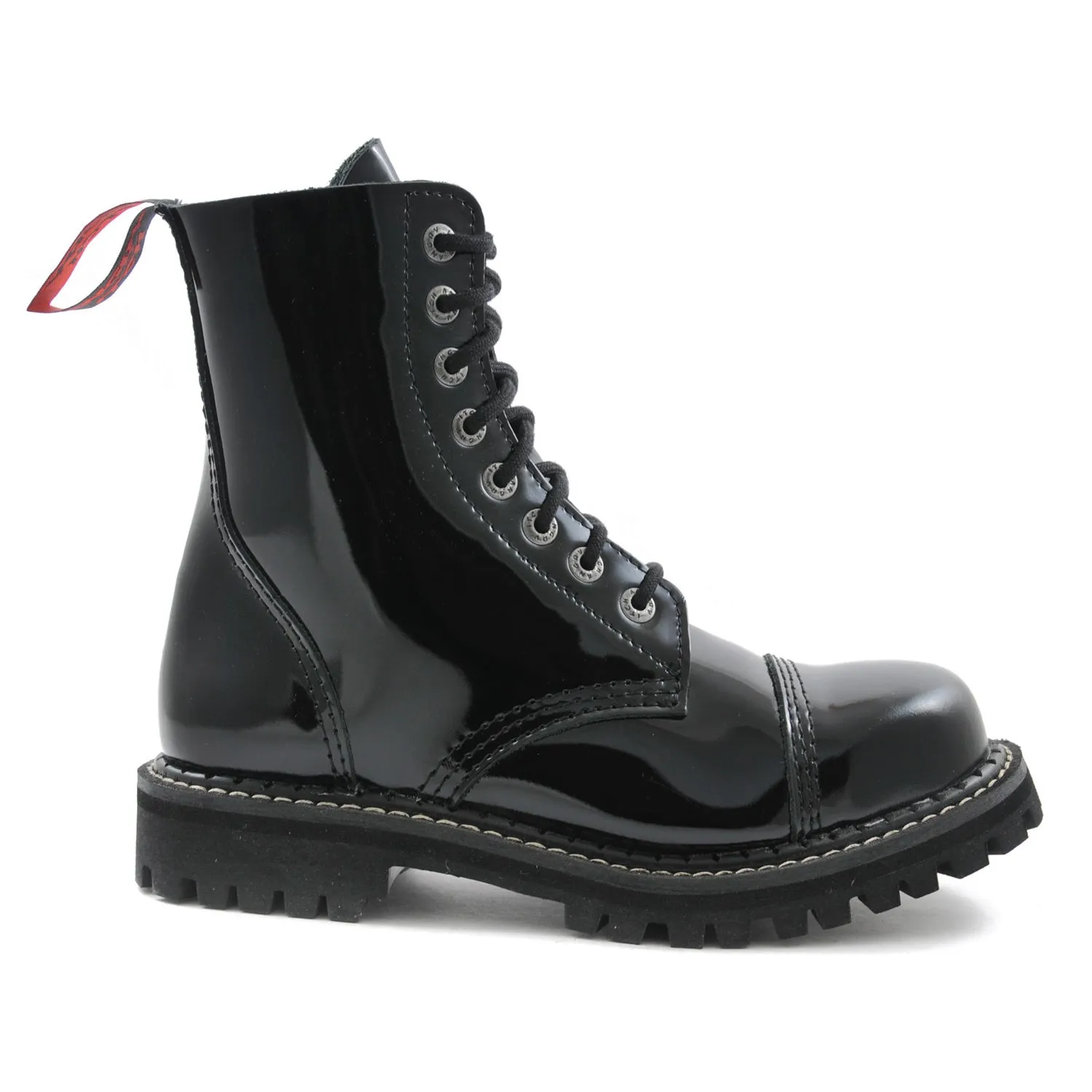 Angry Itch 8 Eyelet Boots with Steel Toe Cap Black Patent Leather