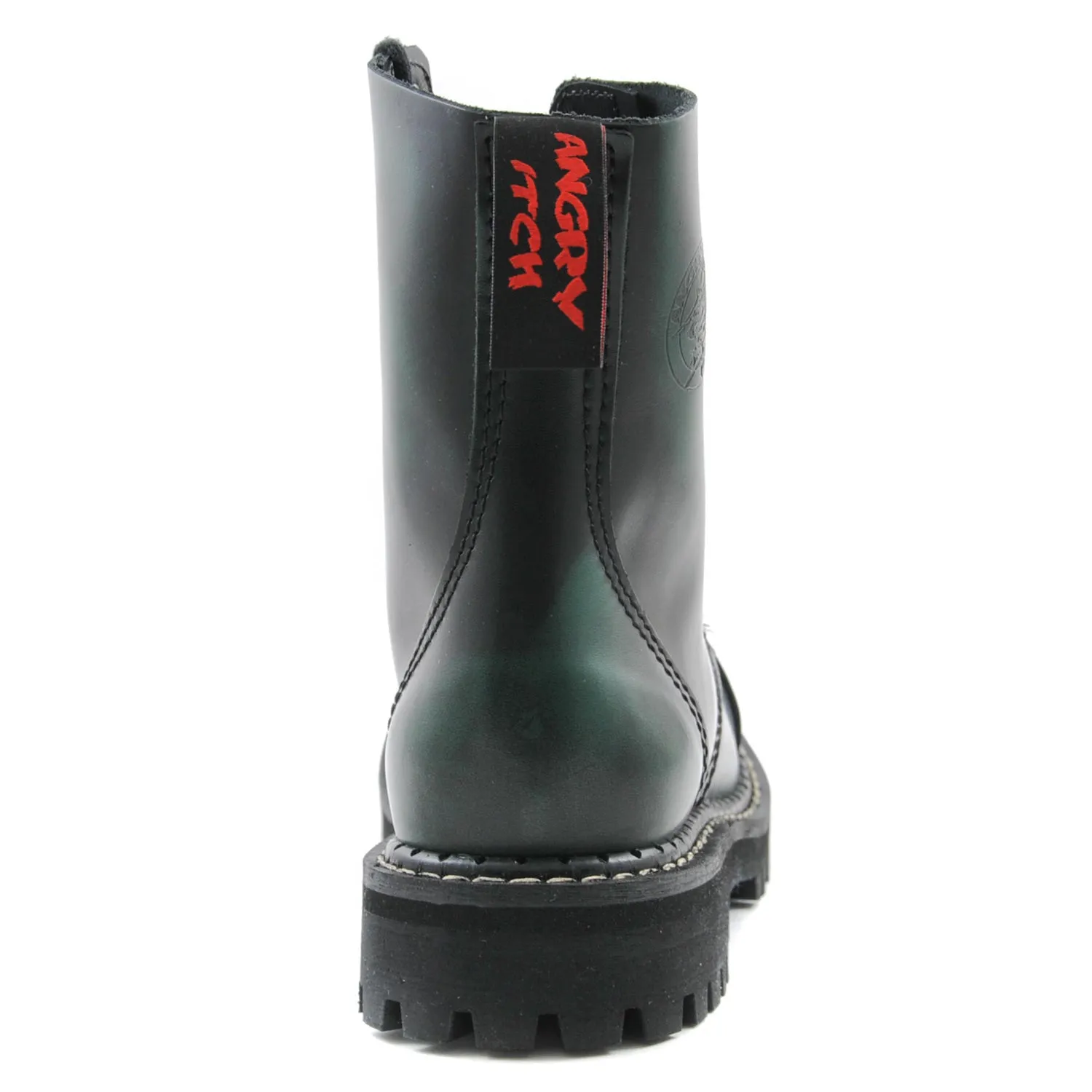 Angry Itch 8 Eyelet Boots with Steel Toe Cap Green Rub Off Leather