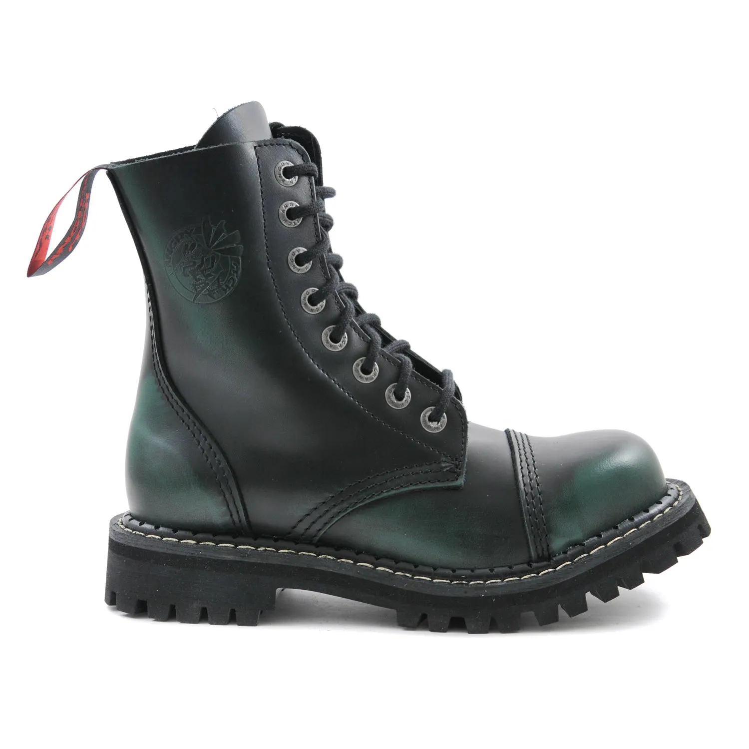 Angry Itch 8 Eyelet Boots with Steel Toe Cap Green Rub Off Leather