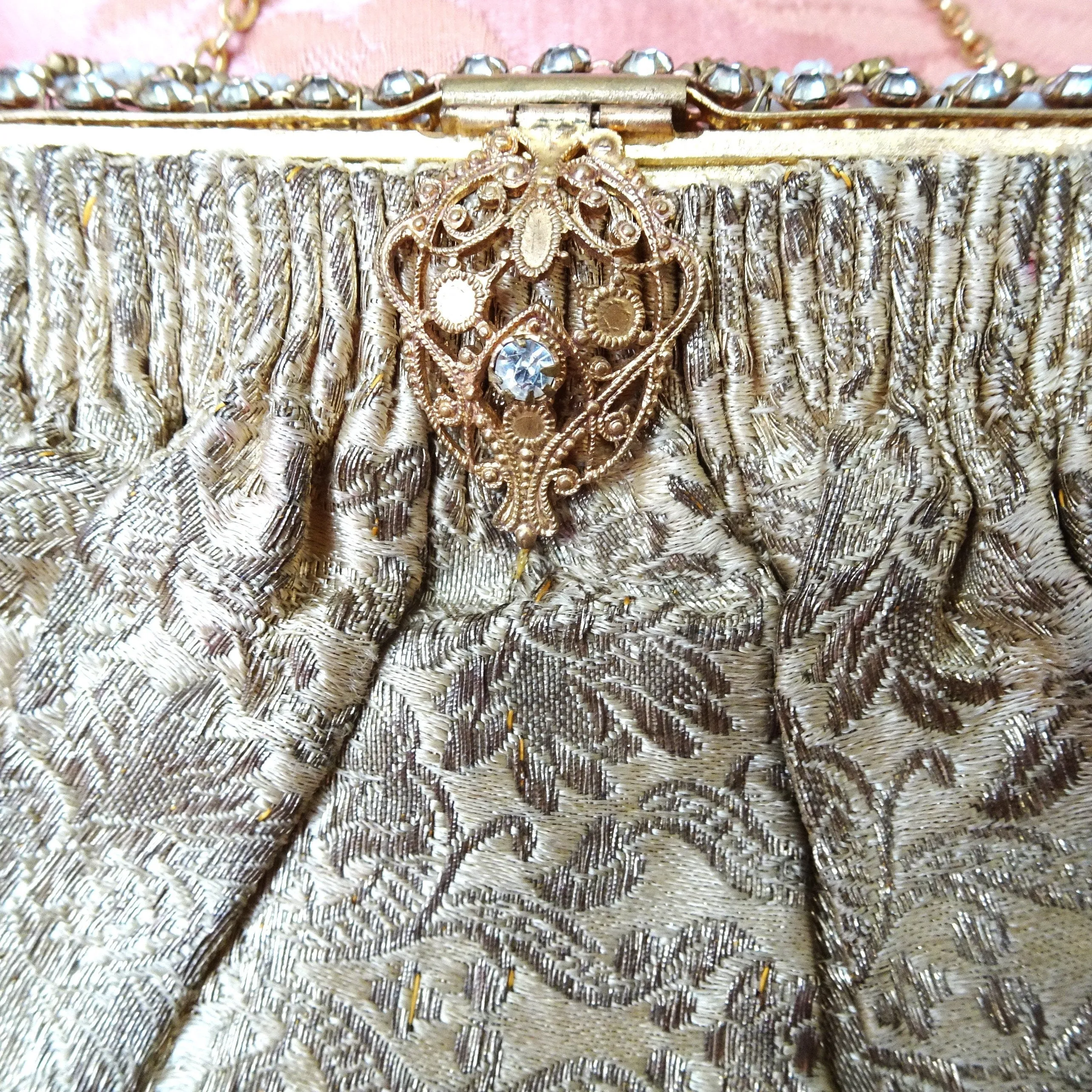 ART DECO 1920s FRENCH Brocade Purse Evening Bag,Gold Brocade and Metal Gold Flapper Era, Birks Bag, Collectible Antique Purses, Bridal Bag