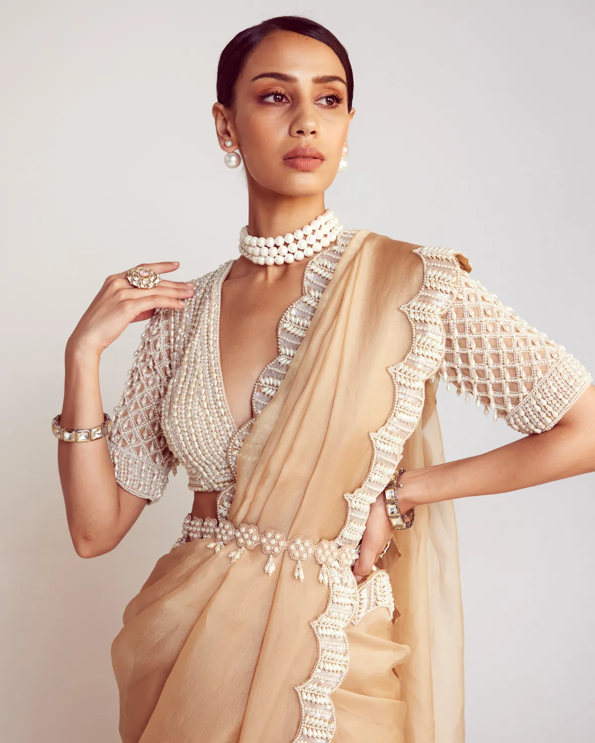 Beige Pearl Embellished Organza Sari Set