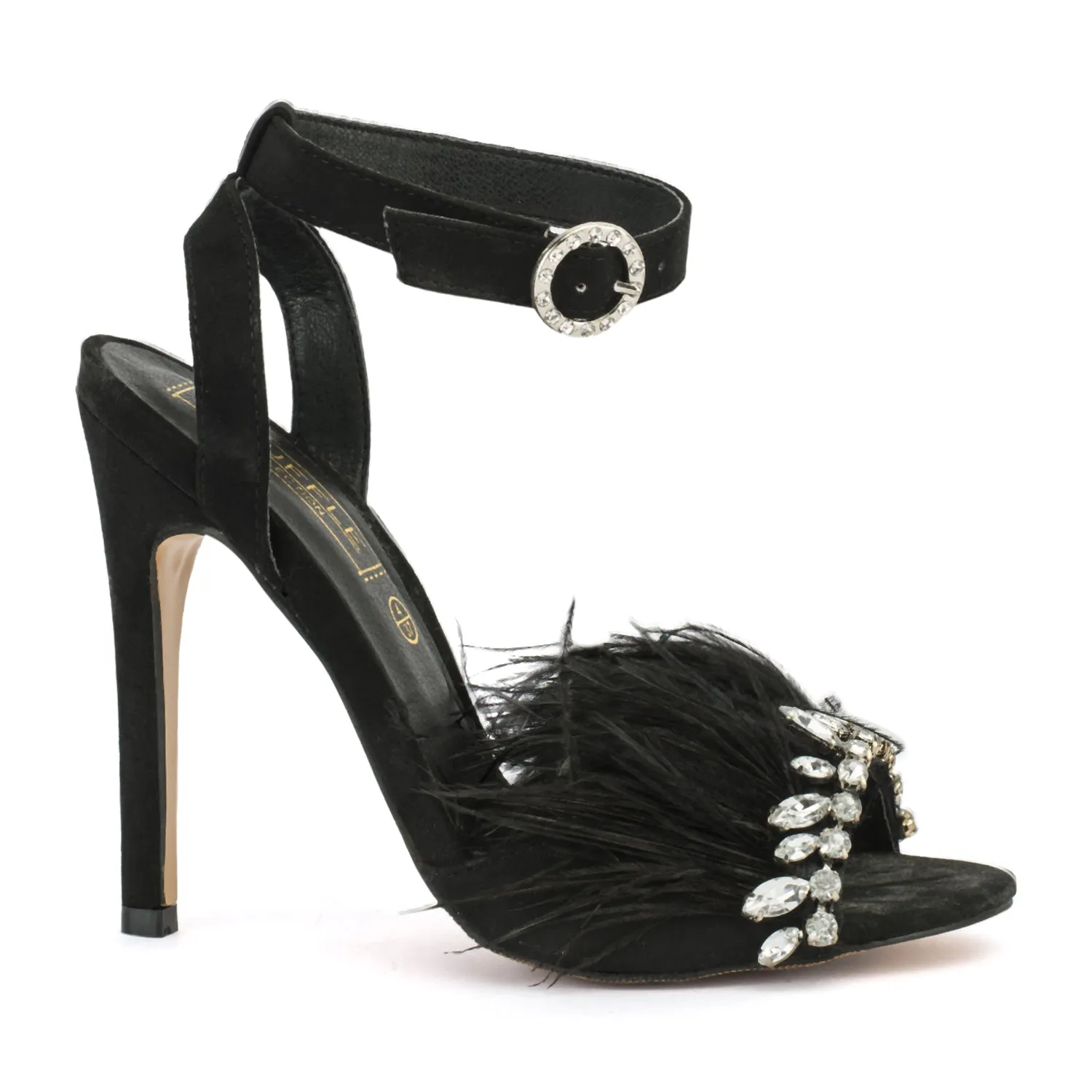 Black Diamante Feather High Heels