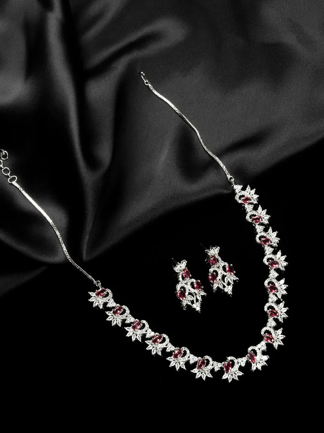 Elegant Red American Diamond Sleek Necklace Set