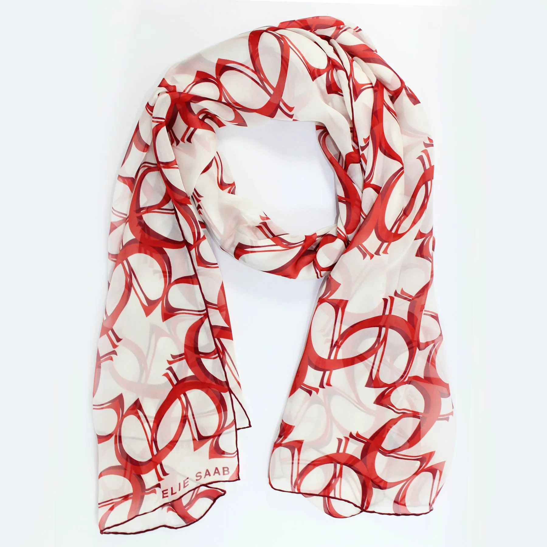 Elie Saab Scarf White Red Logo Design - Chiffon Silk Shawl SALE