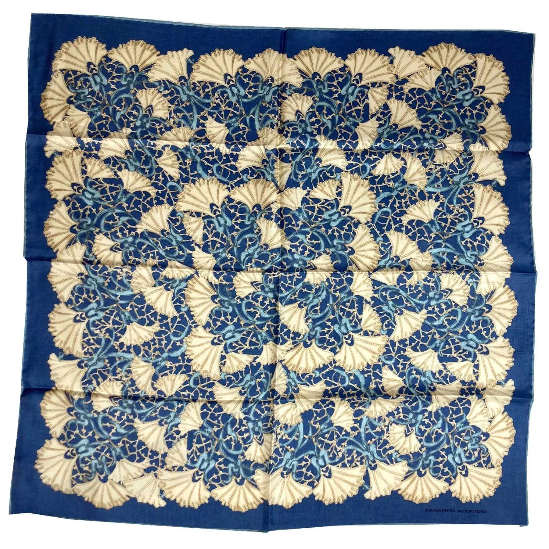 Ermanno Scervino Silk Scarf Dark Blue Cream Floral - 27 Inch Square Scarf SALE