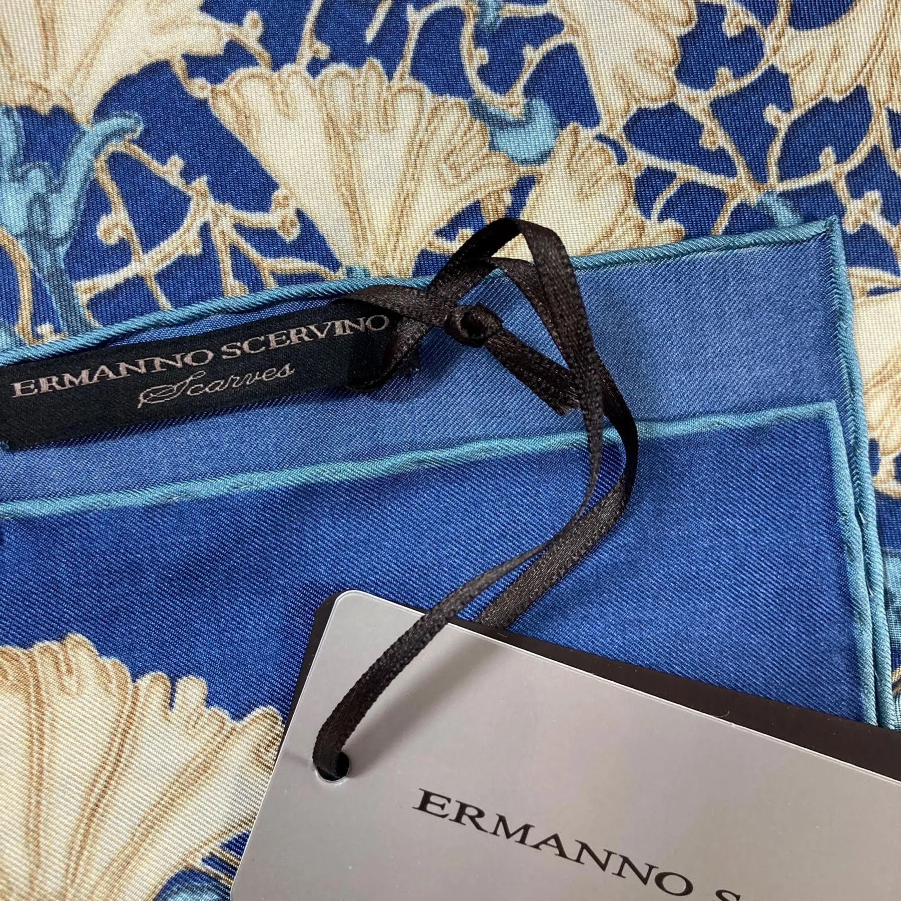 Ermanno Scervino Silk Scarf Dark Blue Cream Floral - 27 Inch Square Scarf SALE