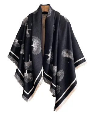 Ginkgo Square Reversible Black & Cream Shawl Wrap