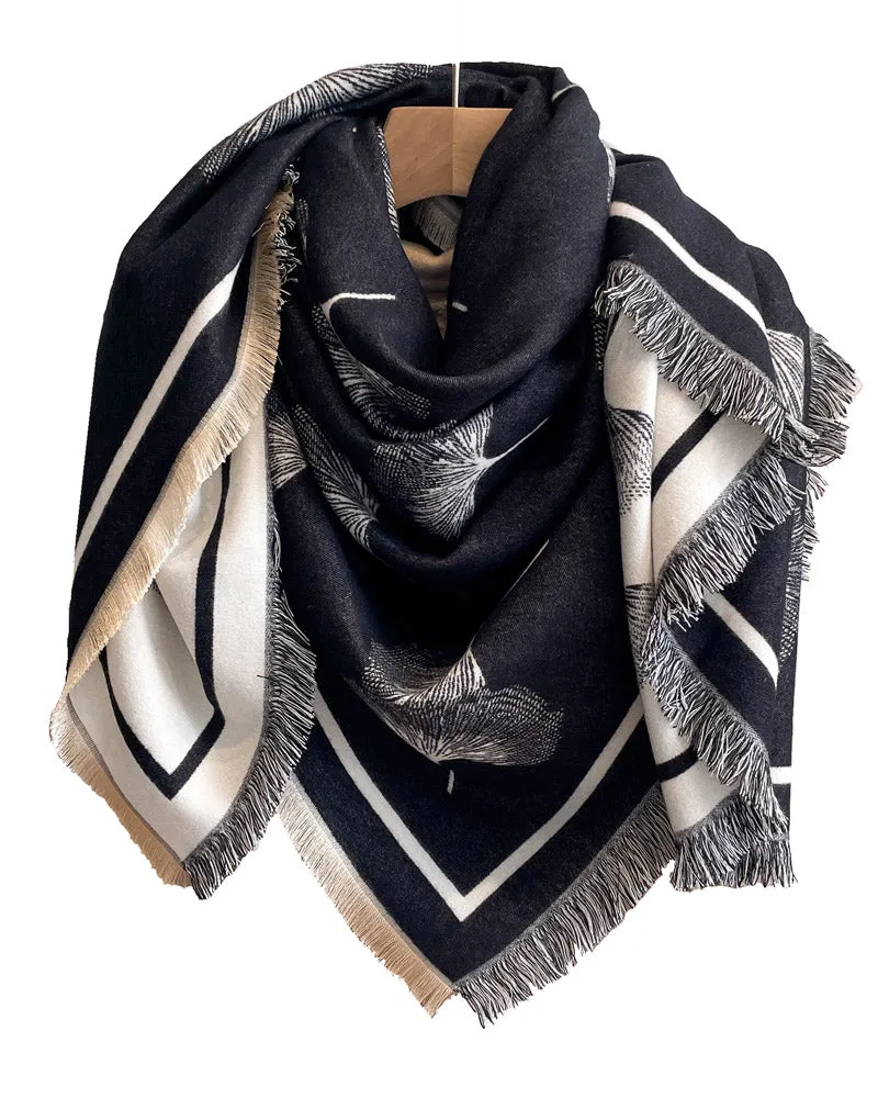 Ginkgo Square Reversible Black & Cream Shawl Wrap