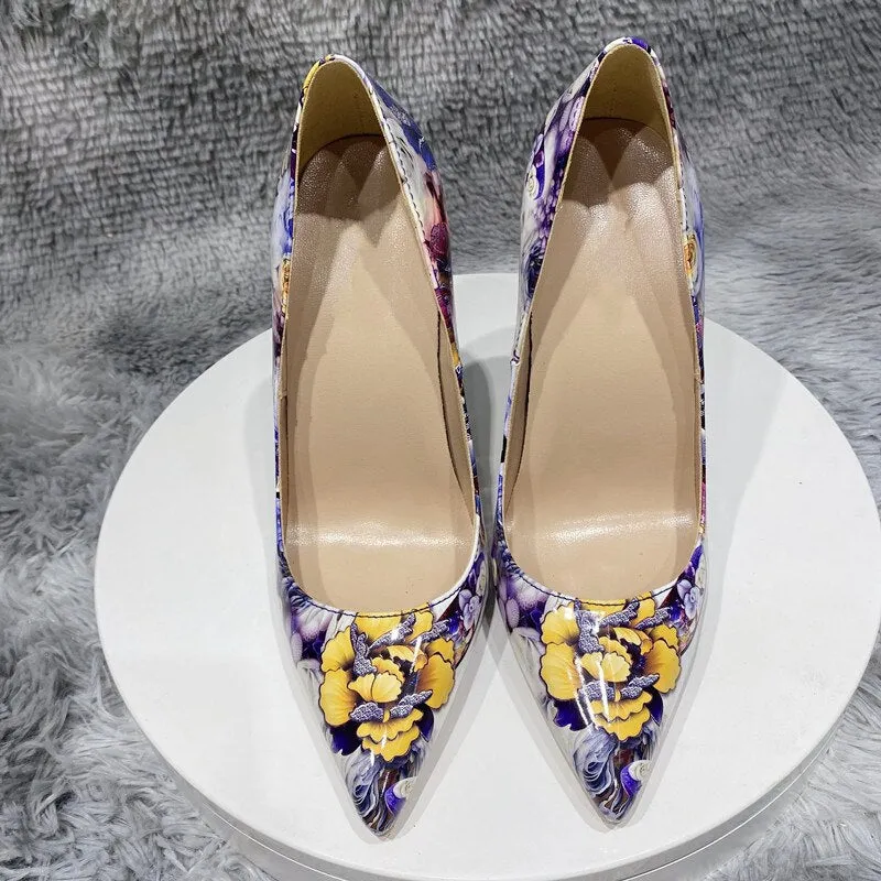 Glossy Painted Flowers Print Pointed Toe Stiletto Pumps