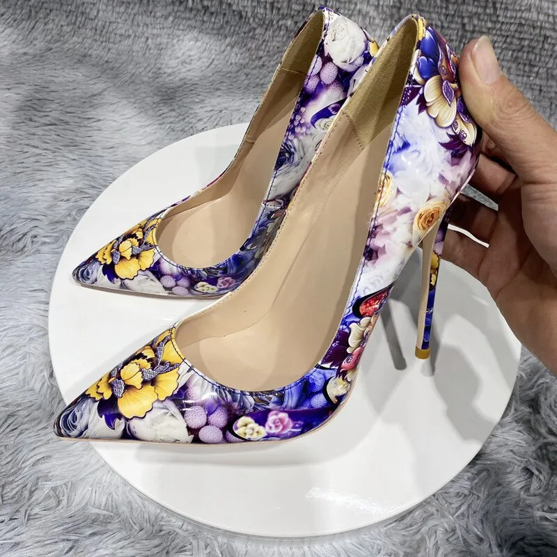 Glossy Painted Flowers Print Pointed Toe Stiletto Pumps