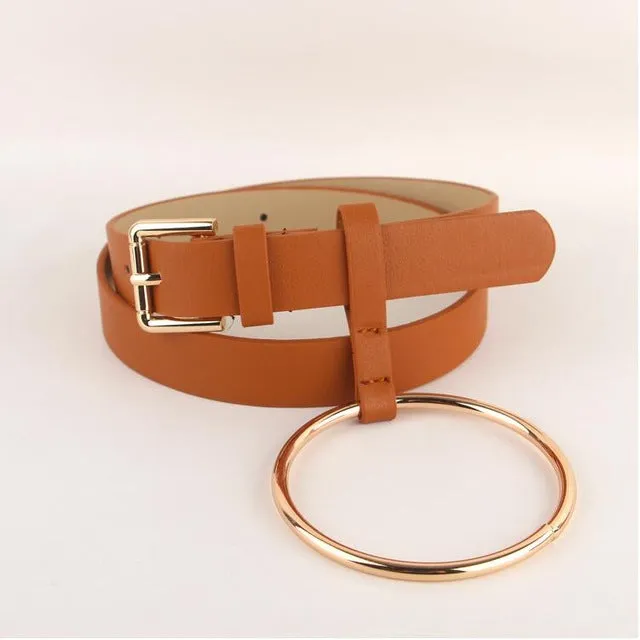 HOT Newest Design Women waist belt Lovely women's big ring decorated belts female fashion gold pin buckle solid PU leather strap