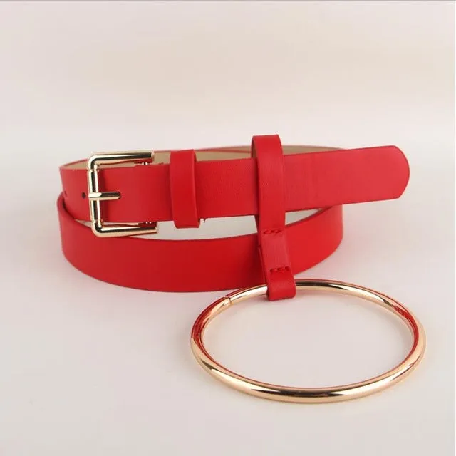 HOT Newest Design Women waist belt Lovely women's big ring decorated belts female fashion gold pin buckle solid PU leather strap