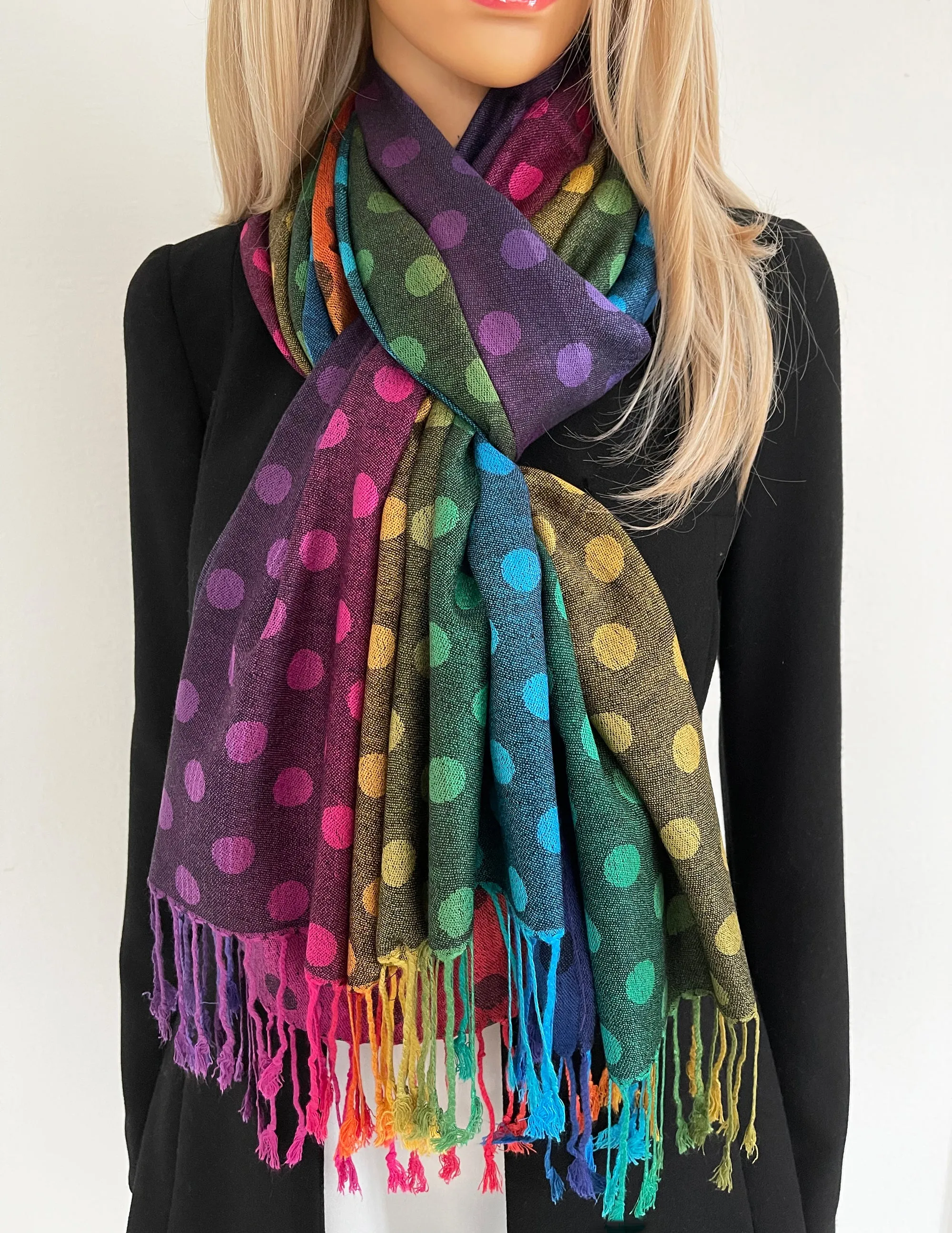 LARGE BLACK MULTI-COLOUR DOT PRINT PASHMINA SHAWL SCARF