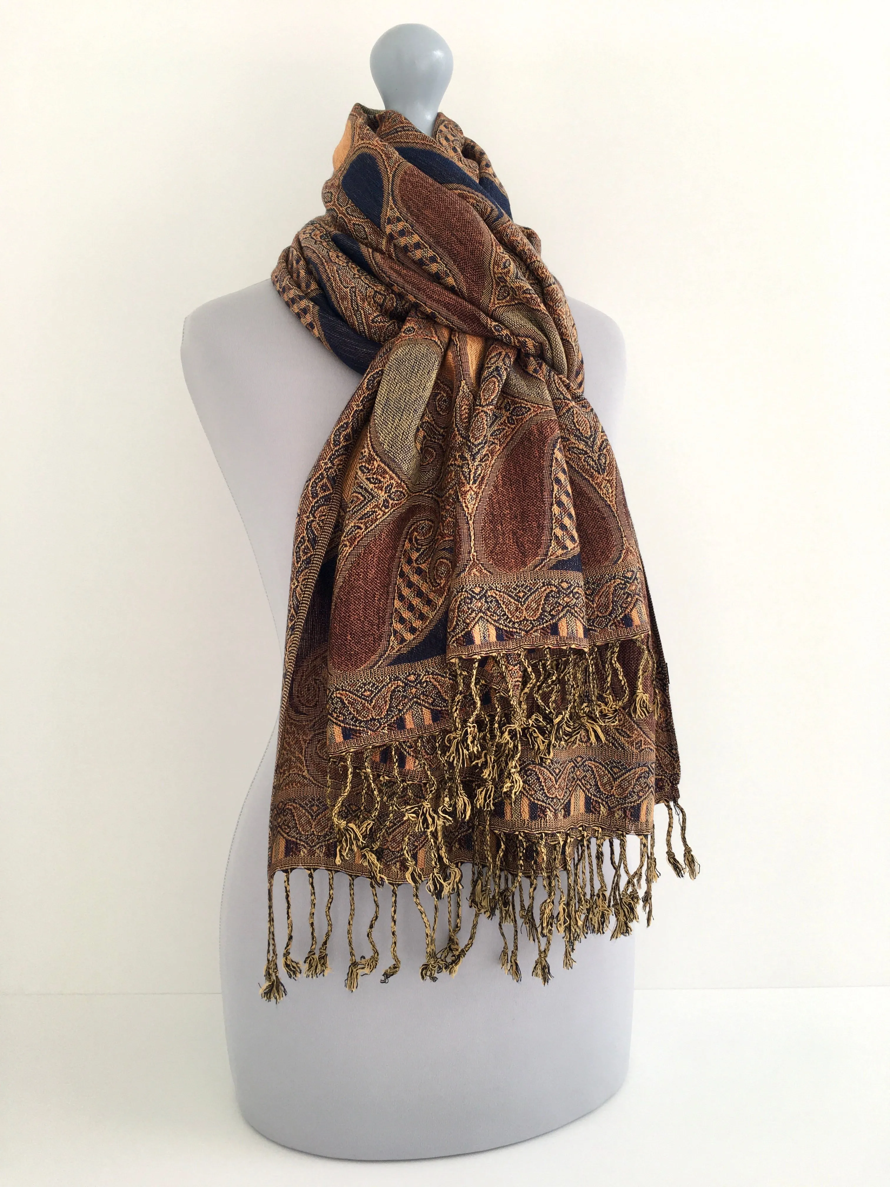 LARGE BROWN GINGHAM PAISLEY PRINT REVERSIBLE PASHMINA SHAWL SCARF