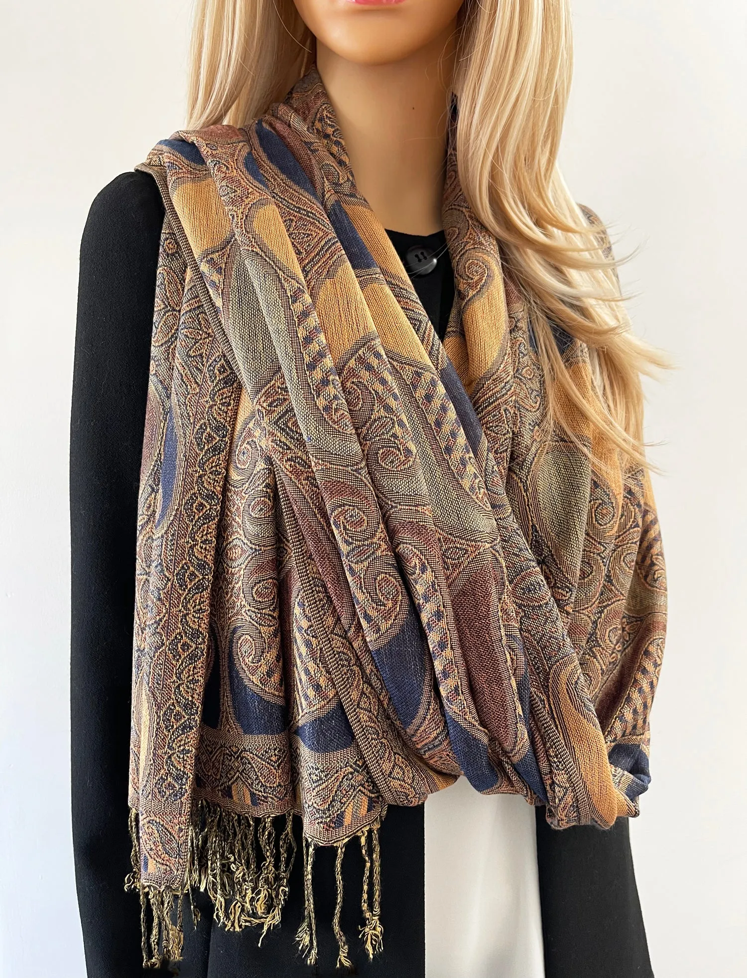 LARGE BROWN GINGHAM PAISLEY PRINT REVERSIBLE PASHMINA SHAWL SCARF