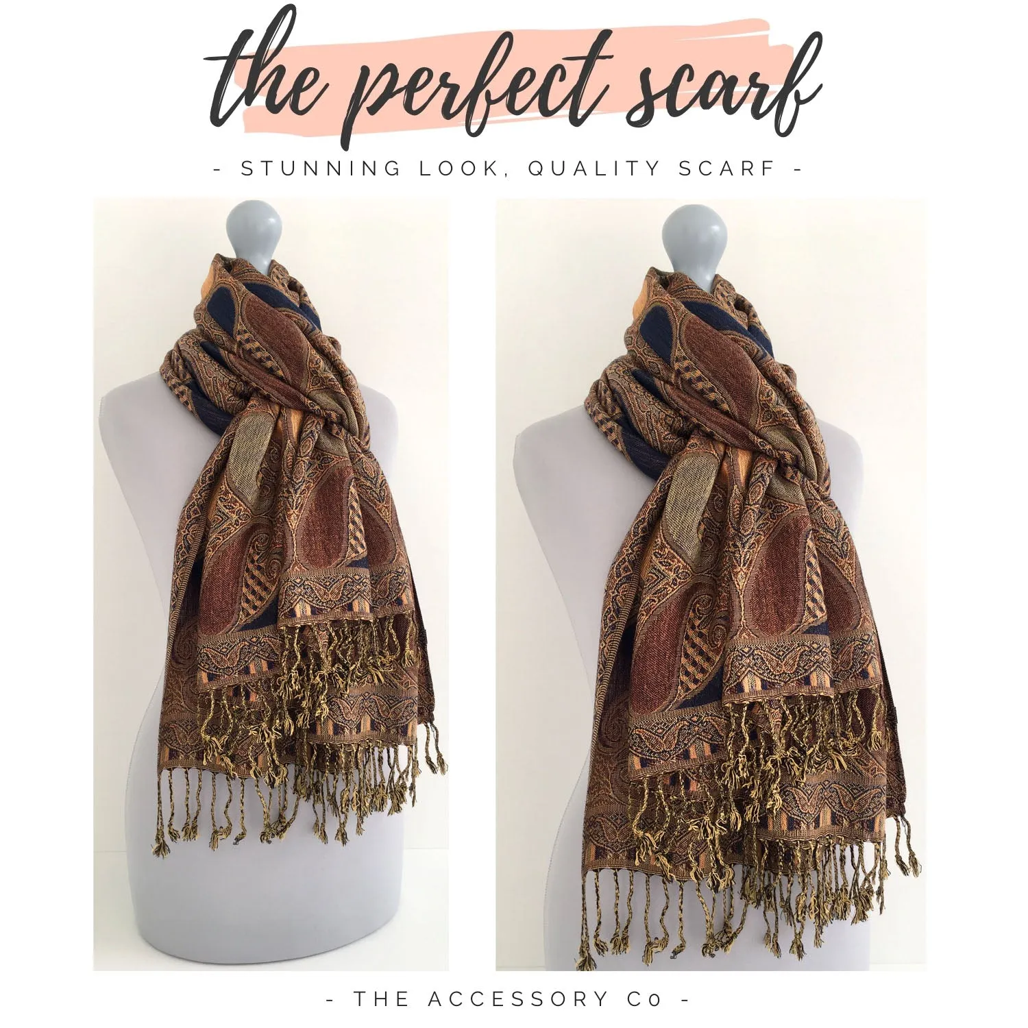 LARGE BROWN GINGHAM PAISLEY PRINT REVERSIBLE PASHMINA SHAWL SCARF