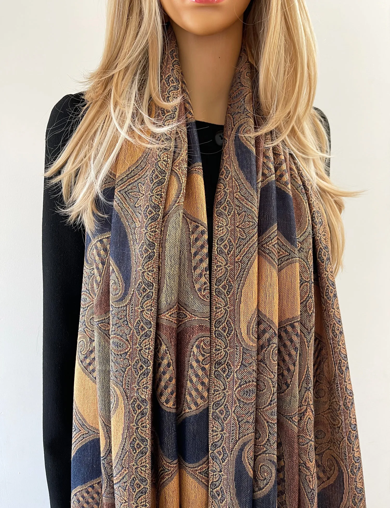 LARGE BROWN GINGHAM PAISLEY PRINT REVERSIBLE PASHMINA SHAWL SCARF