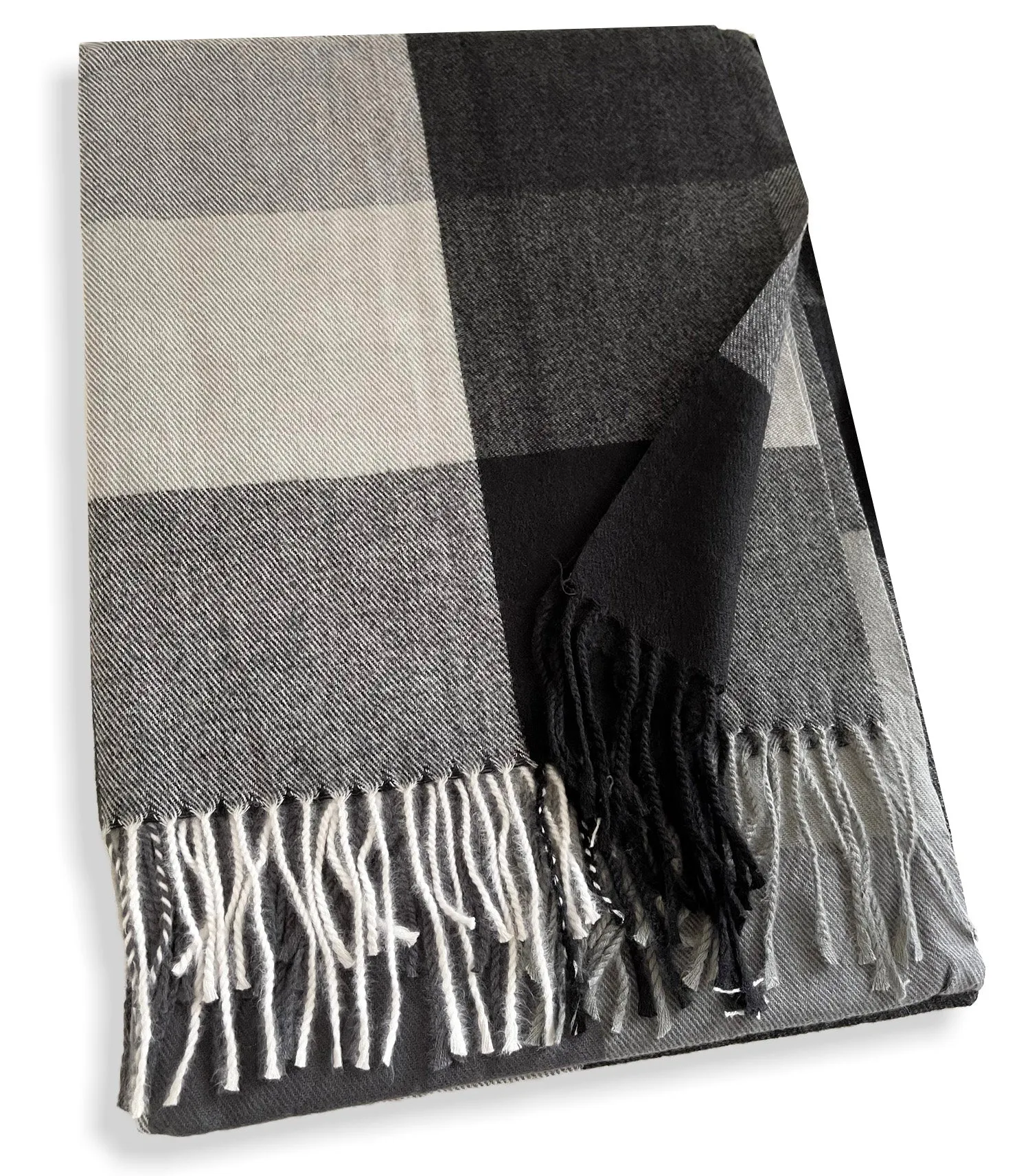 LONG BLACK WHITE WOOL MIX CHECKED TARTAN SCARF