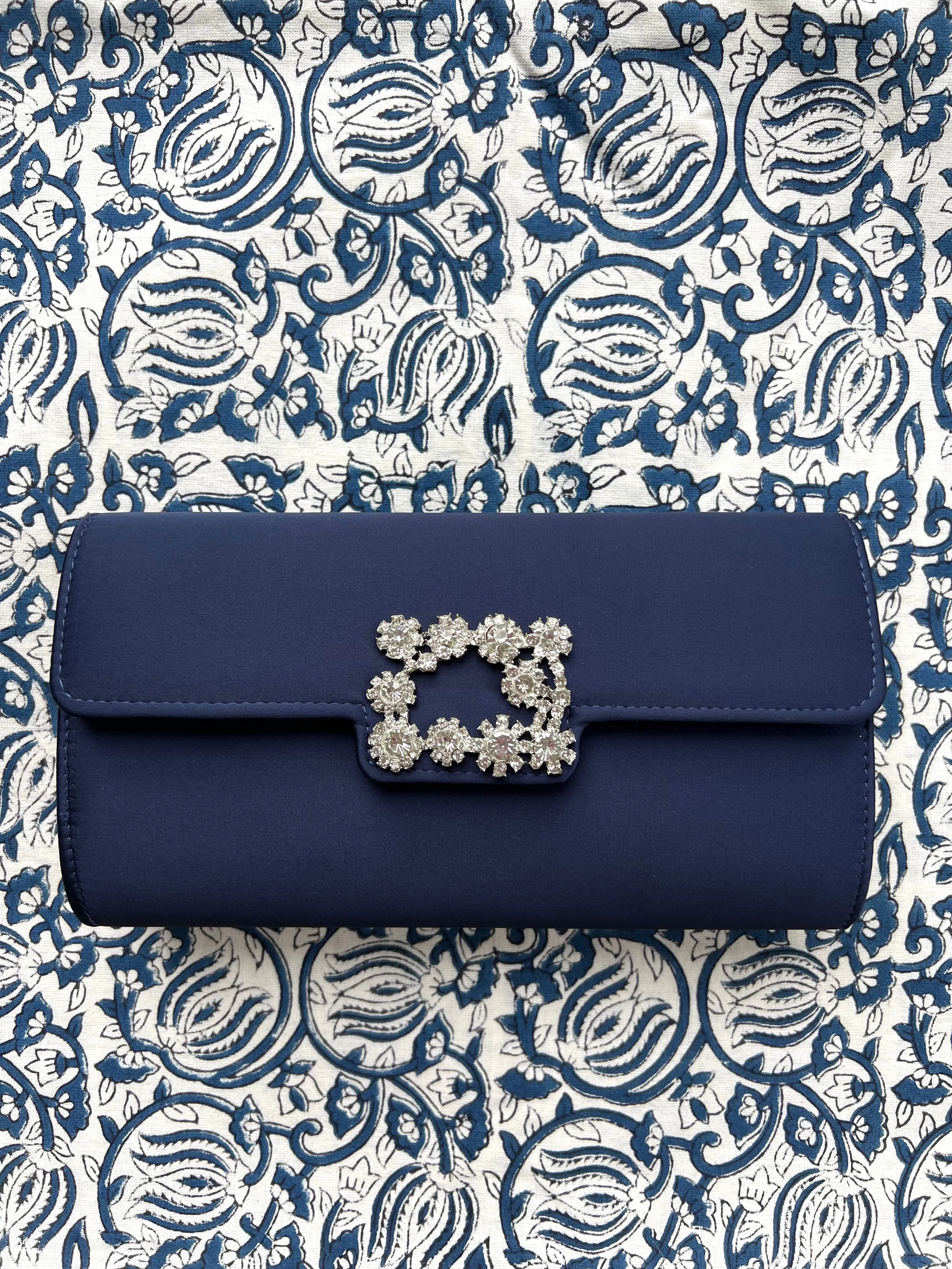 Navy Evening Rhinestone Buckle Clutch