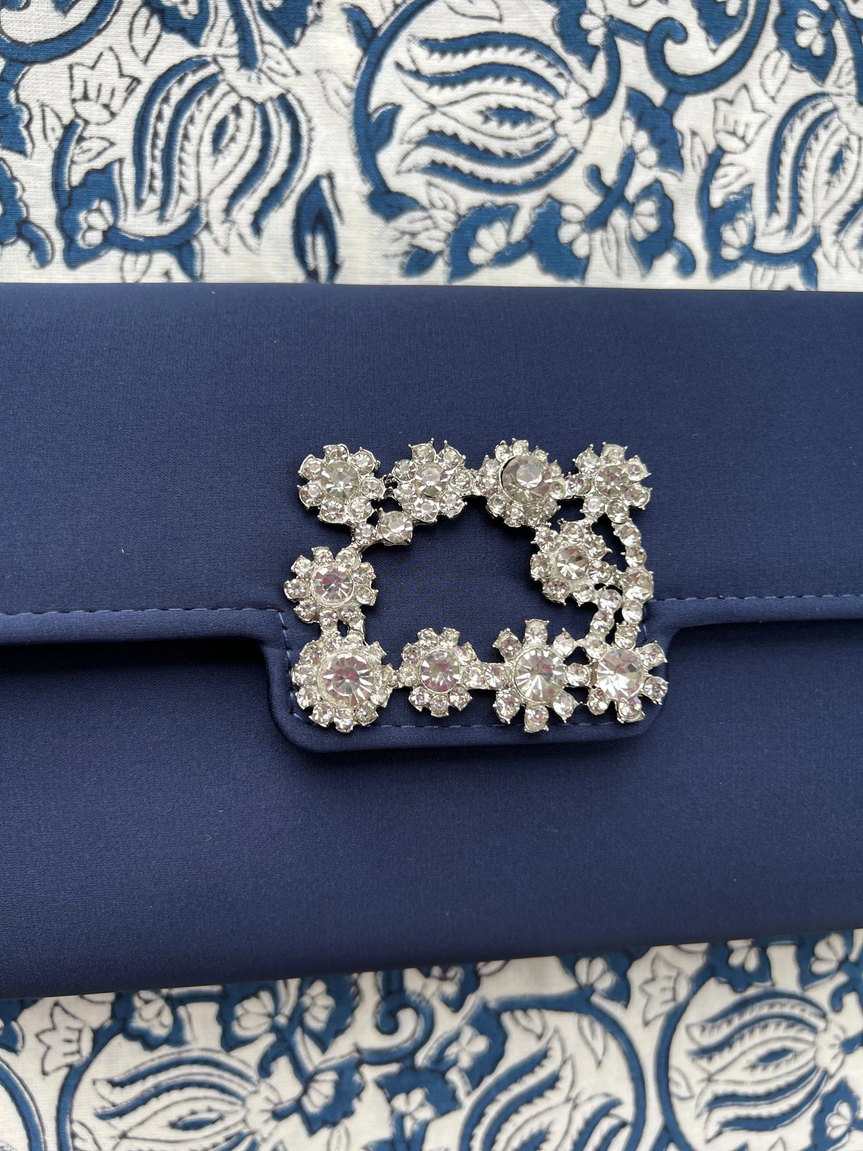 Navy Evening Rhinestone Buckle Clutch