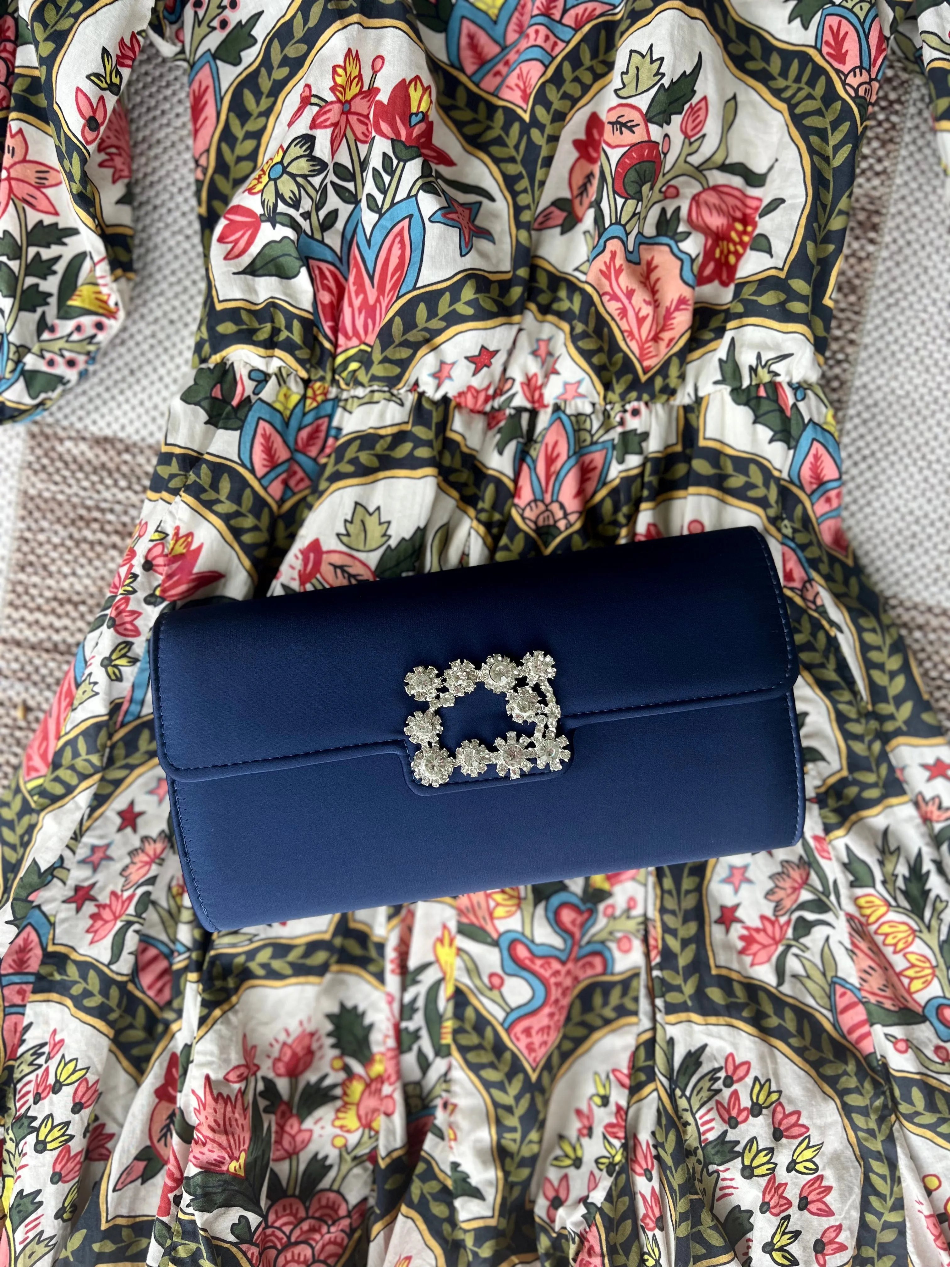 Navy Evening Rhinestone Buckle Clutch