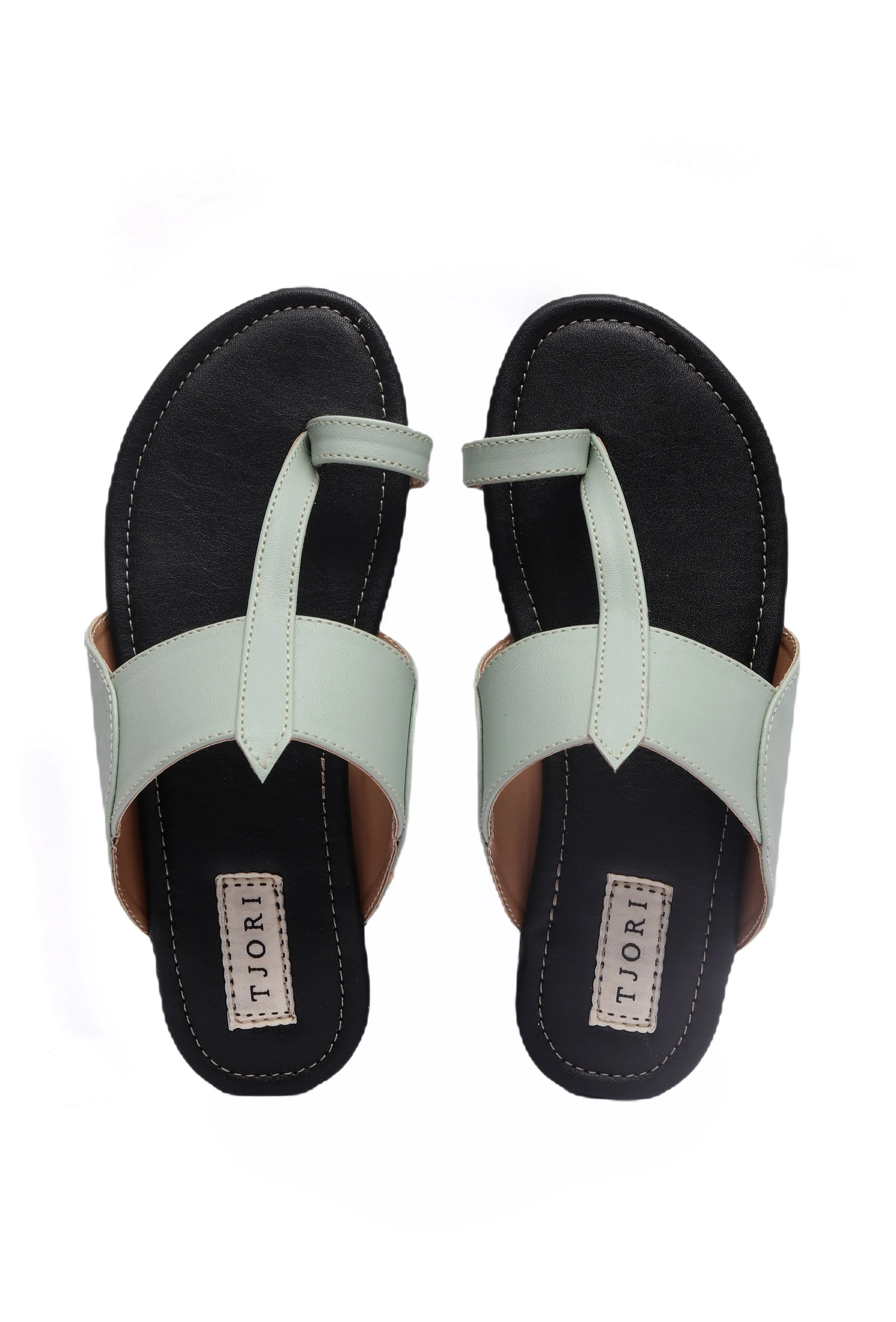 Pistachio Green & Black Kolhapuri Inspired Flats With Insole Cushion Padding