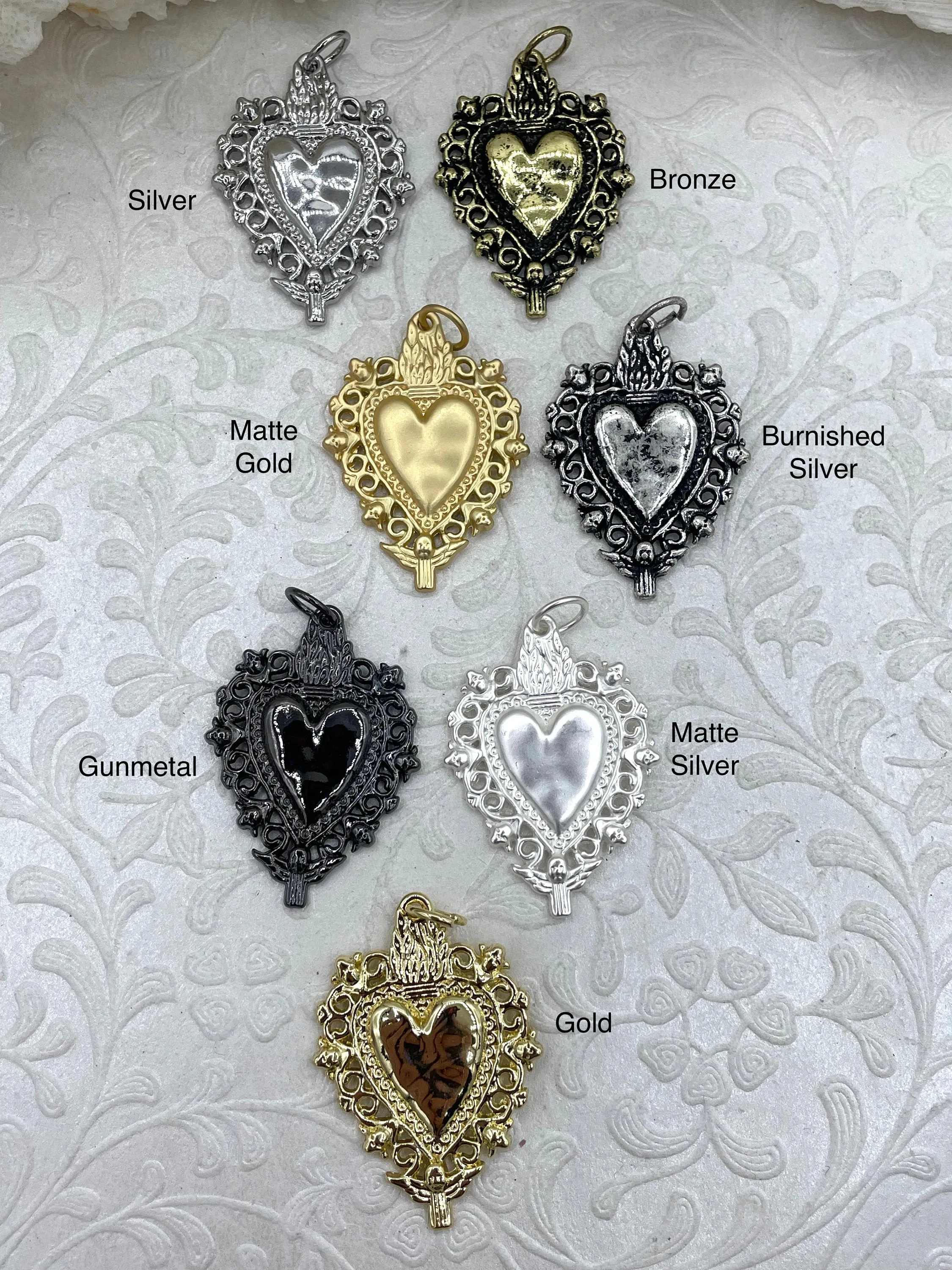 Sacred Heart Pendant, Sacred Heart Charm, Love Charm, Religious Charm 7 finishes, 41mm x 29mm, 2mm thick, Plated Zinc Alloy Heart, Fast Ship