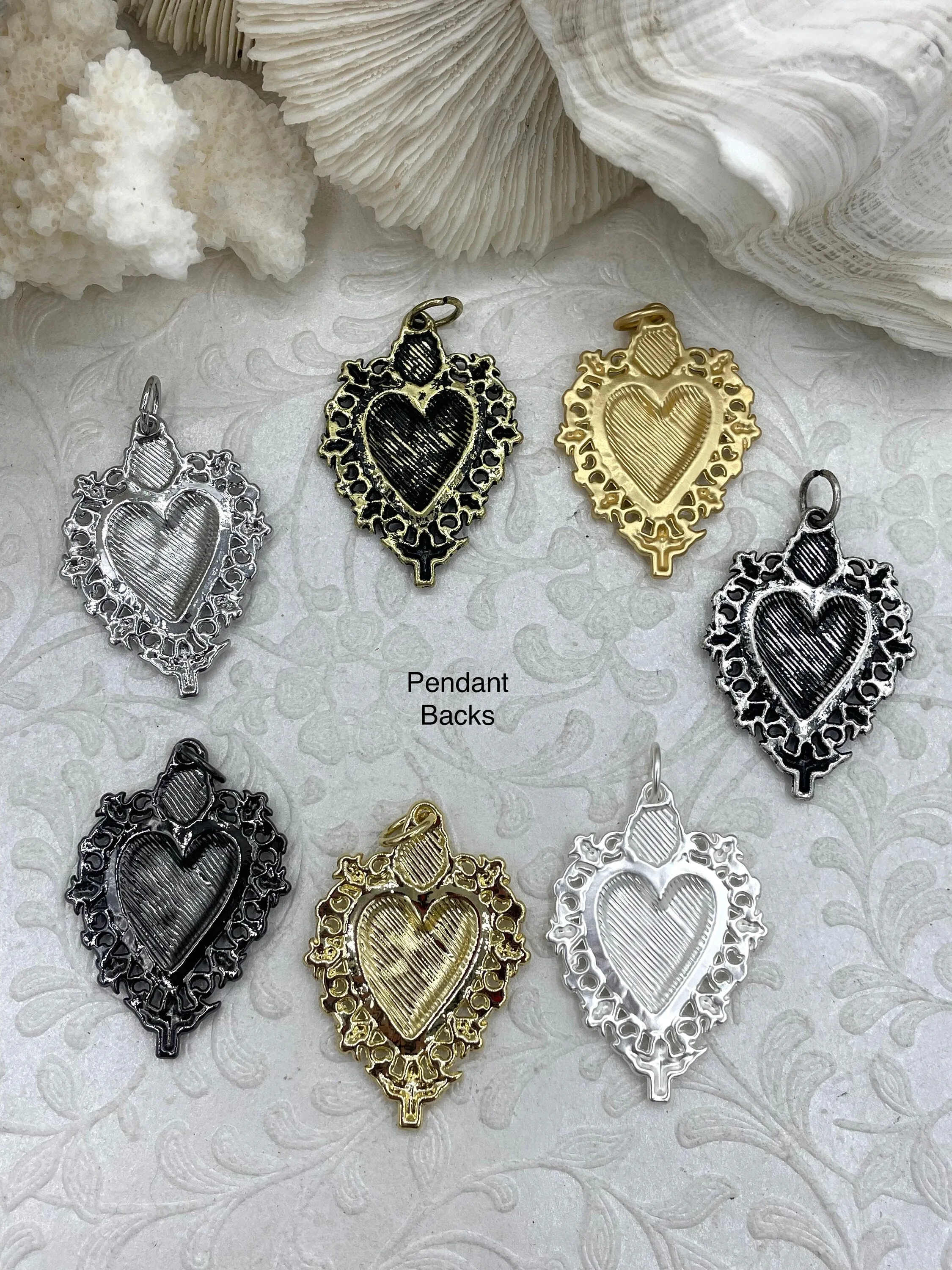 Sacred Heart Pendant, Sacred Heart Charm, Love Charm, Religious Charm 7 finishes, 41mm x 29mm, 2mm thick, Plated Zinc Alloy Heart, Fast Ship