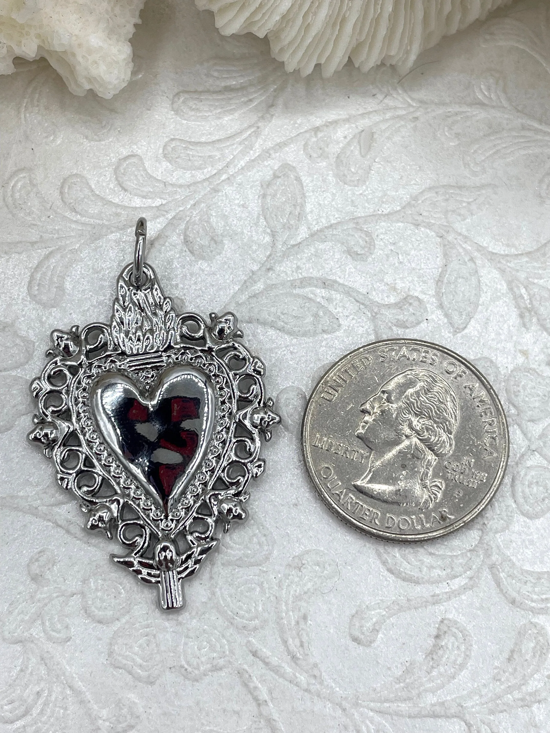 Sacred Heart Pendant, Sacred Heart Charm, Love Charm, Religious Charm 7 finishes, 41mm x 29mm, 2mm thick, Plated Zinc Alloy Heart, Fast Ship