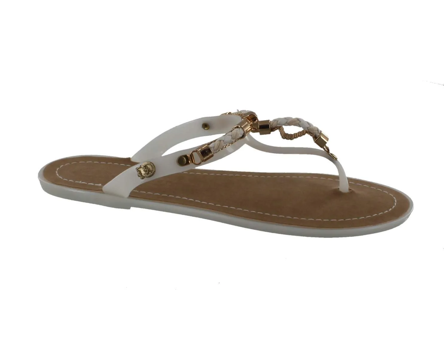 Sandal Jandal Style Flat White with Braid Accent and Gold Detail