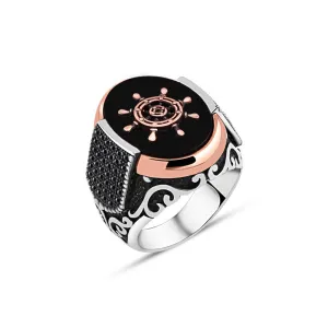 Ship Wheel on Black Ellipse Onyx Stone Silver Men's Ring Siding Zircons in Epaulet Shape