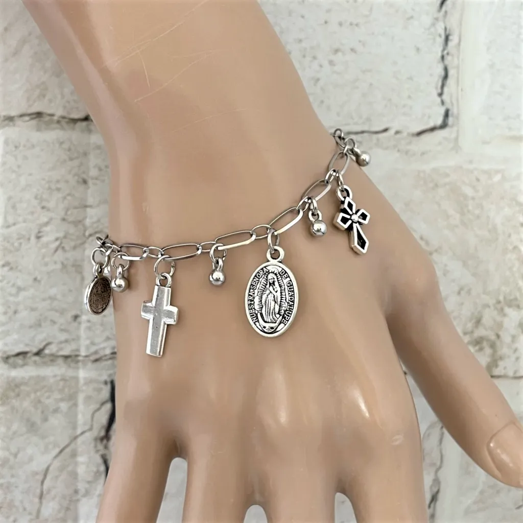 Silver Religious Cross and Saints Charm Bracelet