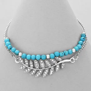 Turquoise Beaded Bracelet with Silver Crystal Pave Leaf