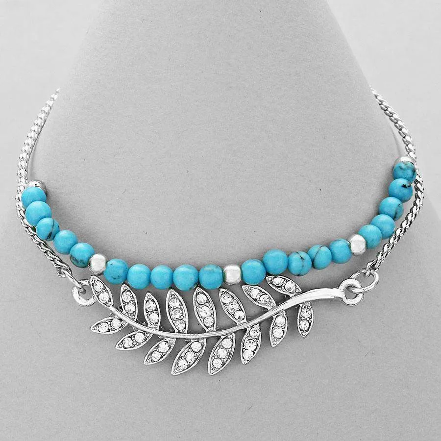 Turquoise Beaded Bracelet with Silver Crystal Pave Leaf