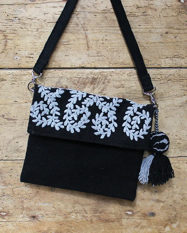 Vine Embroidered Wool Handbag